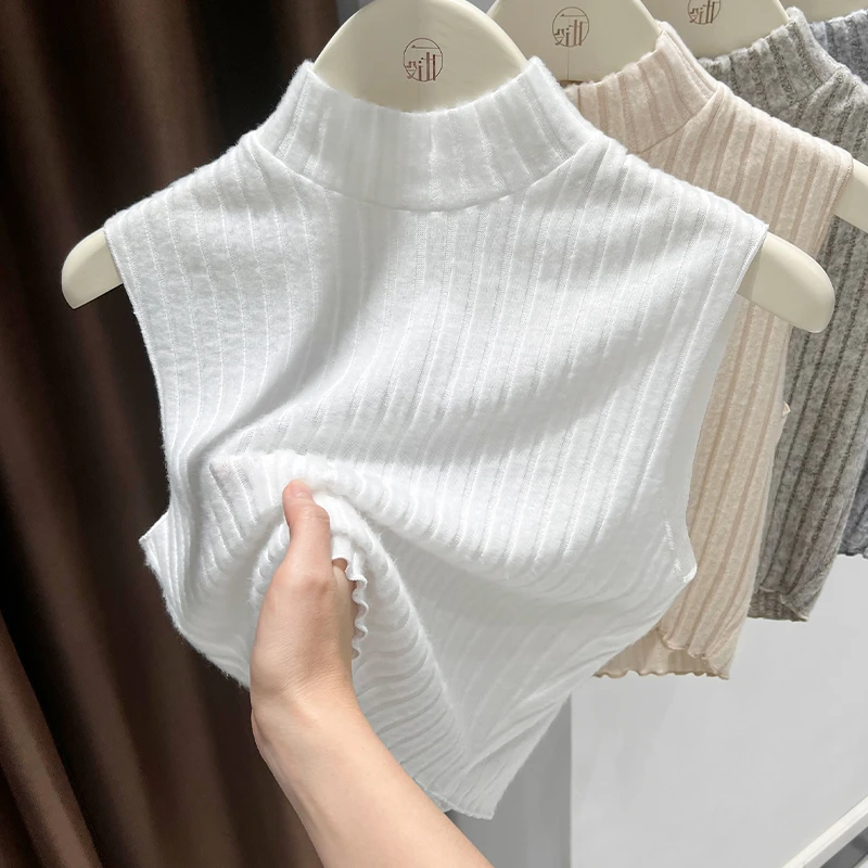 假领子坑条针织吊带背心内搭木耳高领无袖t恤新款高档磨毛小上衣