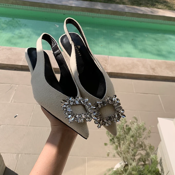 2025包头后空凉鞋女春季外穿新款韩版水钻法式气质仙女灰色高跟鞋