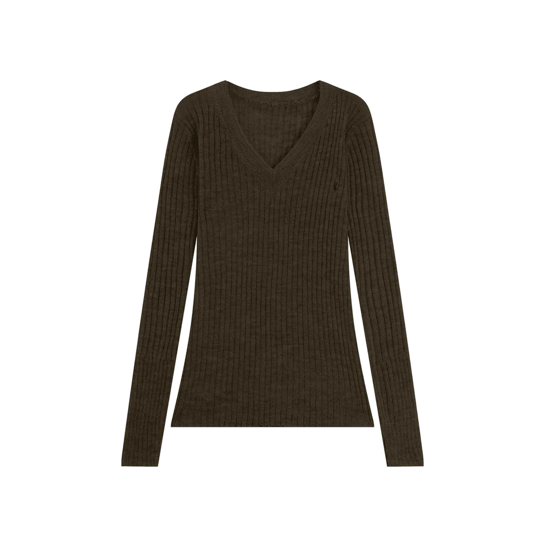 早秋极简修身竖坑条V领长袖针织衫LK2506403