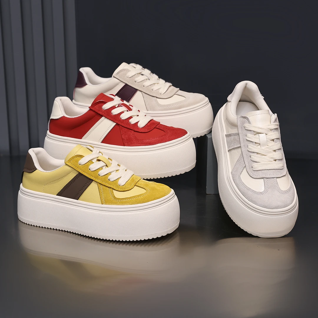 殊彩欧若风5CM厚底增高小白鞋女2025夏季休闲网面板鞋拼色运动鞋