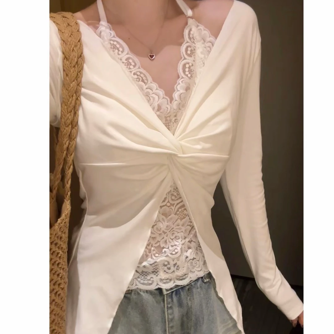 【现货法式蕾丝】设计感假两件挂脖美背长袖秋冬纯欲修身内搭打底衣