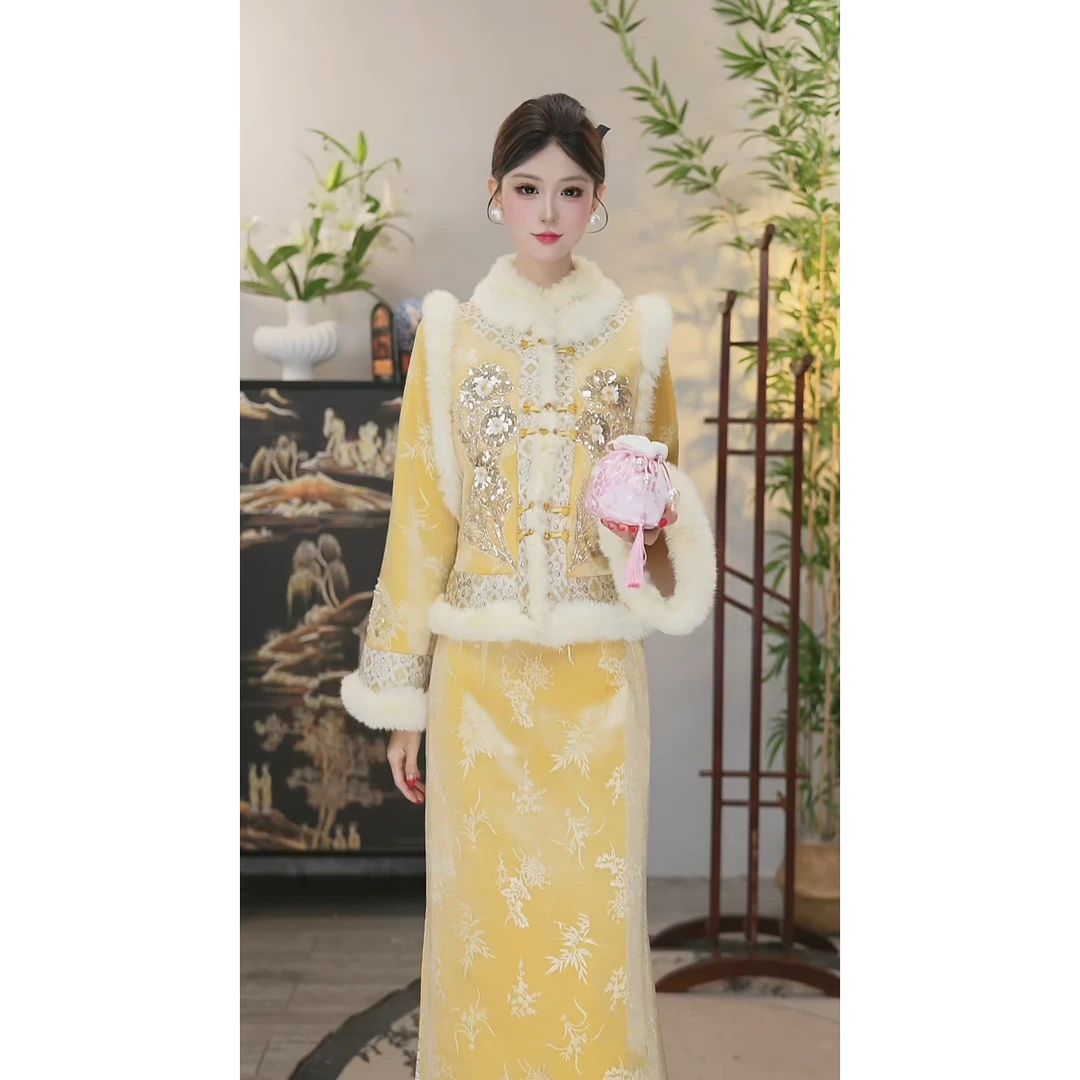 星多嫣2025冬季装时尚加绒中式黑色显瘦中长款裙子（5757+5747）