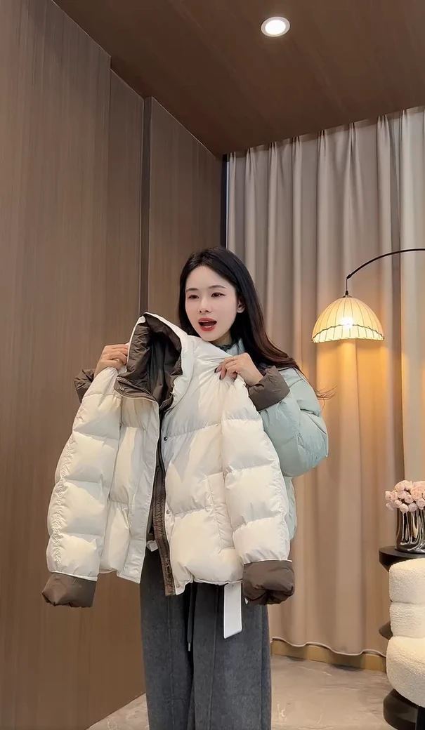 2025冬季新款设计感撞色拼接棉服女韩系连帽简约百搭通勤休闲棉衣