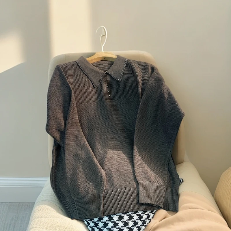 3906-高级感气质小翻领烫钻针织小衫女设计感高档针织衫