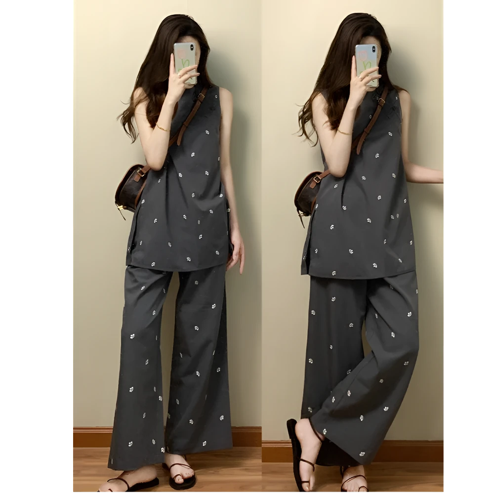 国风夏季印花梅花盘扣复古马甲上衣阔腿裤新中式休闲睡衣女可外穿