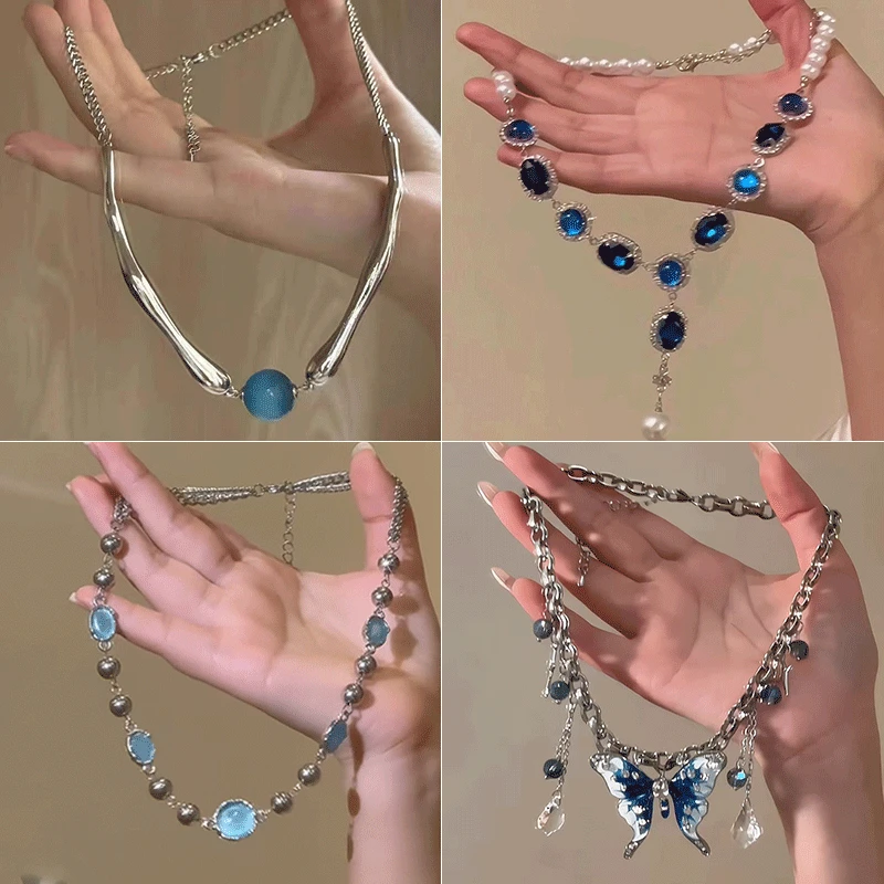 y2k项链女朋克机械风小众设计项圈蓝色猫眼石项链个性百搭