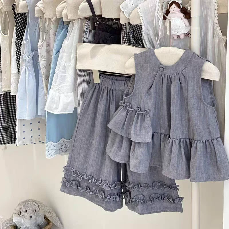 女童韩系慵懒风穿搭套装2025新款夏季儿童宝宝棉麻花边无袖衬衫薄
