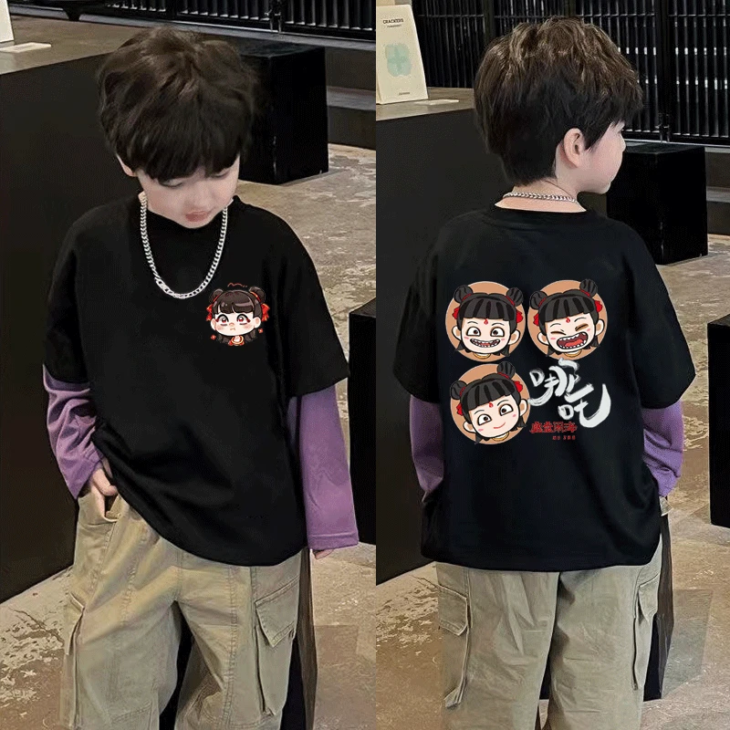 儿童新款哪吒纯棉长袖T恤春秋男女童打底衫中小童假两件宝宝上衣t