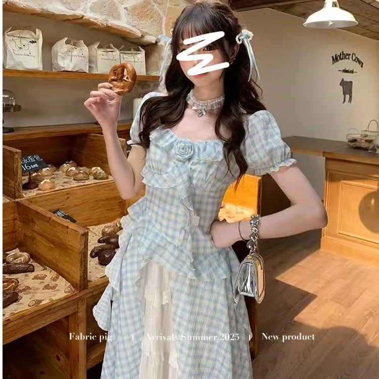 夏季设计感甜美荷叶领泡泡袖不规则收腰上衣高腰蛋糕半身裙套装