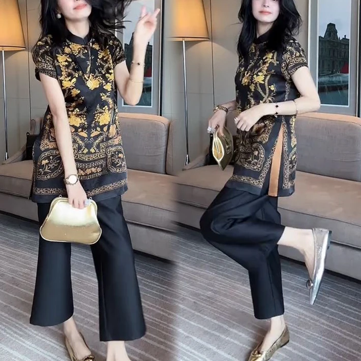 2025年夏季新款时尚高级感新中式国风精致立领短袖+裤子