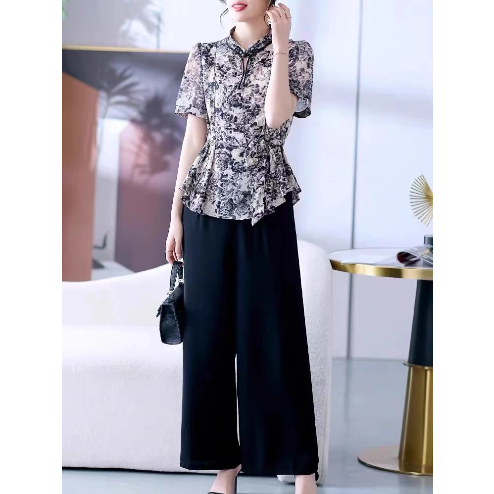 JIRUIMAN/吉瑞曼优雅气质水墨花边休闲套装减龄高级感两件套A666