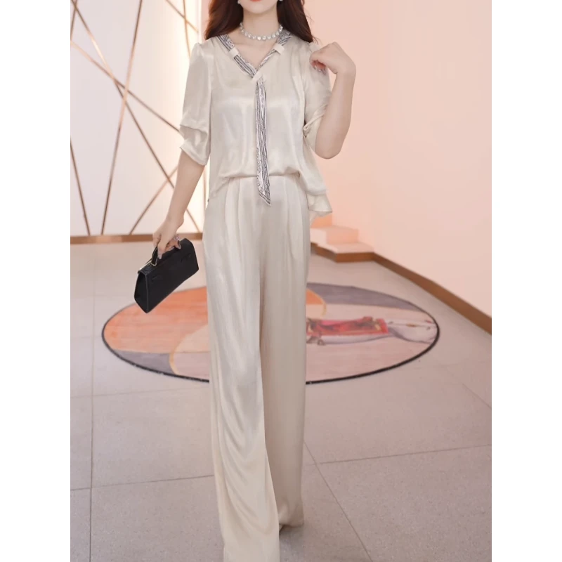 美曦气质轻奢休闲时尚百搭套装2025秋季新款减龄显瘦阔腿裤两件套