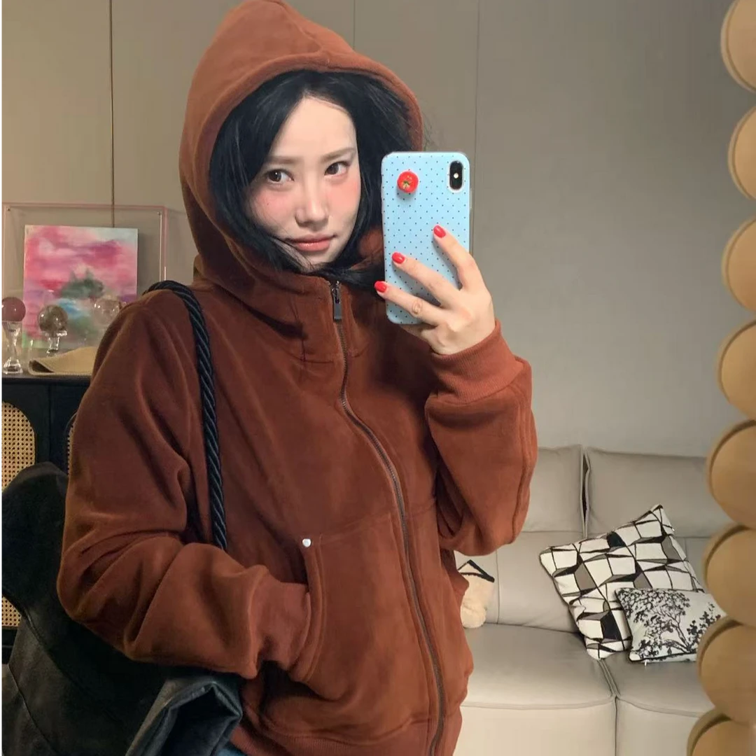 【内分肽】冬季休闲百搭运动摇粒双面绒显瘦连帽开衫卫衣外套9195