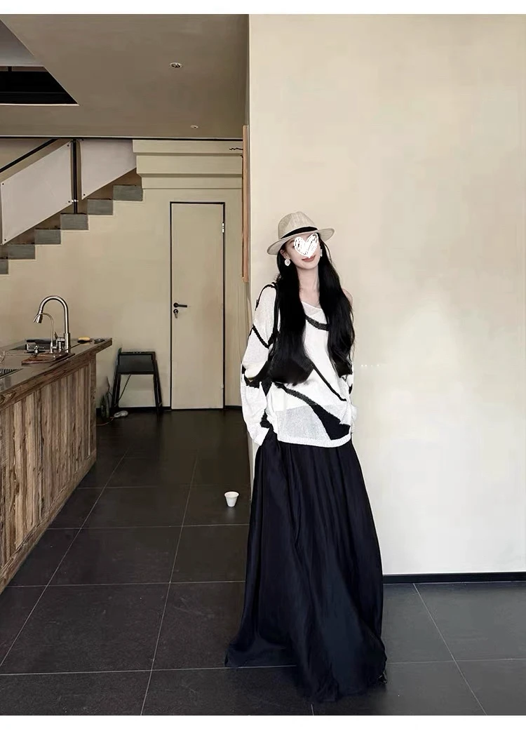 法式撞色条纹长袖针织衫半身裙套装