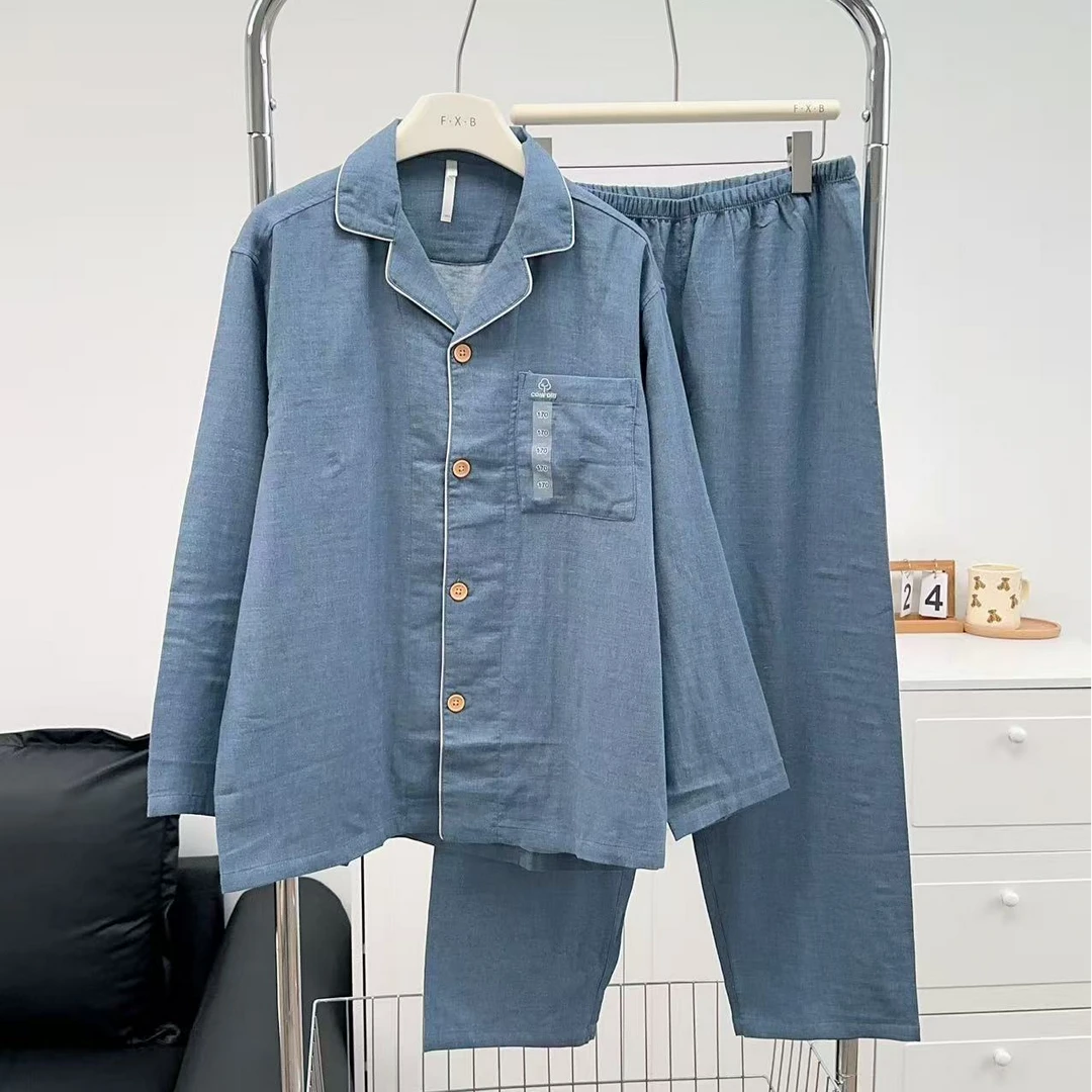 510男女同款蓝色家居服套装日式纱布家居服吸湿排汗透气纱布睡衣