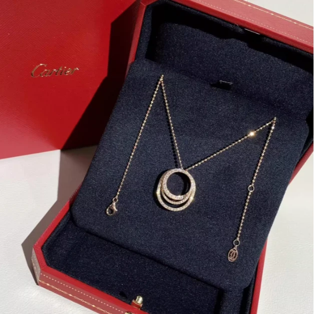 99新 Cartier/卡地亚 小花林林 三环满钻项链 18k玫瑰金