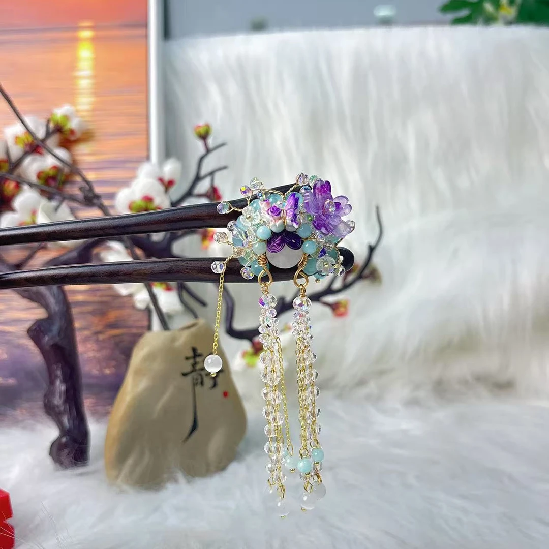 T13原创双钗蓝色刀马旦流苏百搭款15公分发簪