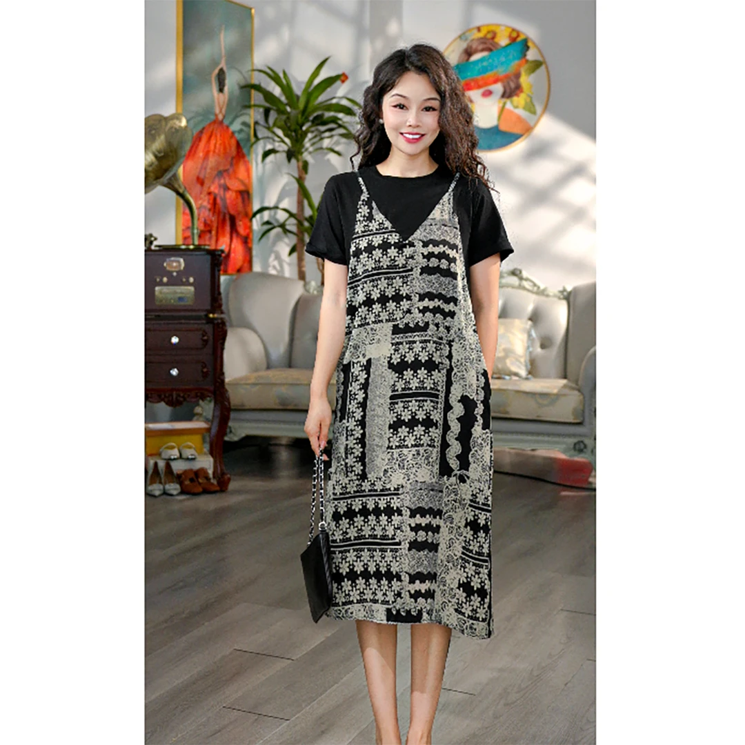 无印心匠B627 夏季印花连衣裙假两件拼接休闲 K1925