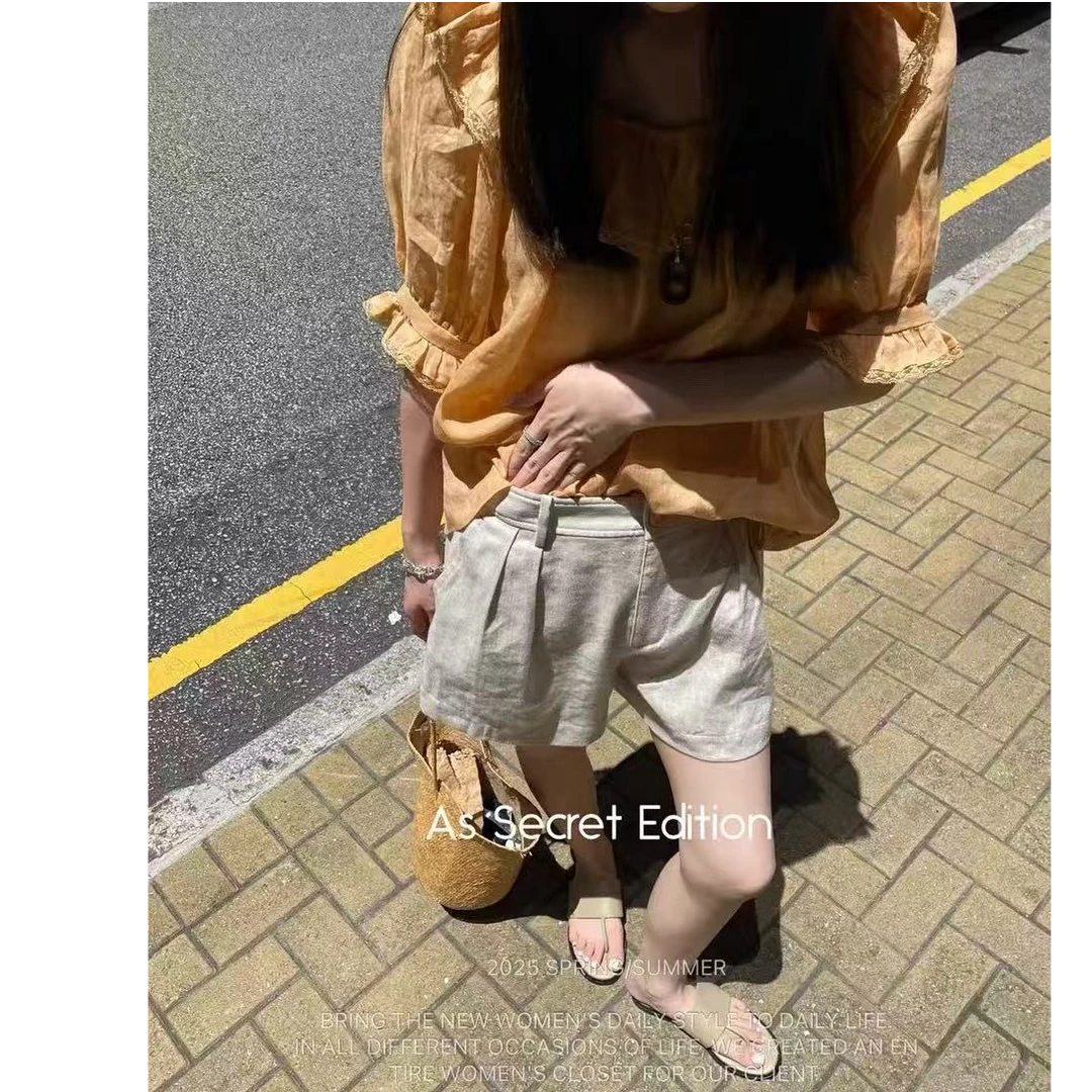 0022•DK# 亚麻短裤 ins简约百搭半松紧腰筷子腿亚麻短裤·