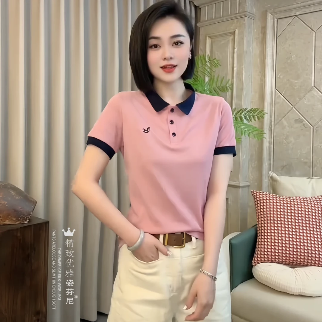 时尚短袖T恤女夏季新款洋气休闲polo领上衣小个子拼接撞色体恤衫