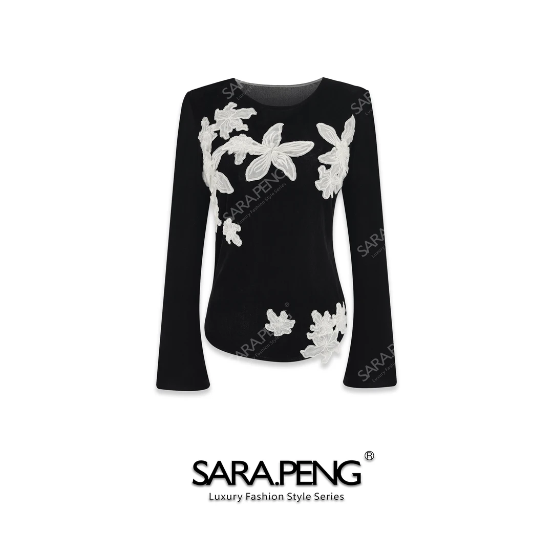 SARA.P如花似玉｜新款手工花拼植绒百搭修身洋气长袖上衣｜5D168428