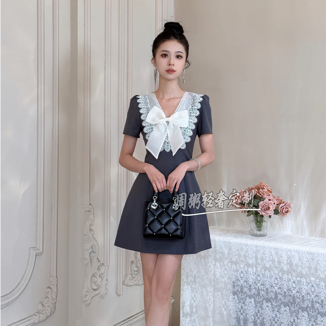 【周粥定制】国内设计师品牌 轻奢夏季显瘦修身连衣裙灰色61783