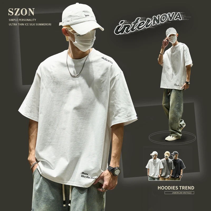 夏季T恤男简约刺绣字母纯棉五分袖美式高街风宽松短袖ins潮牌上衣