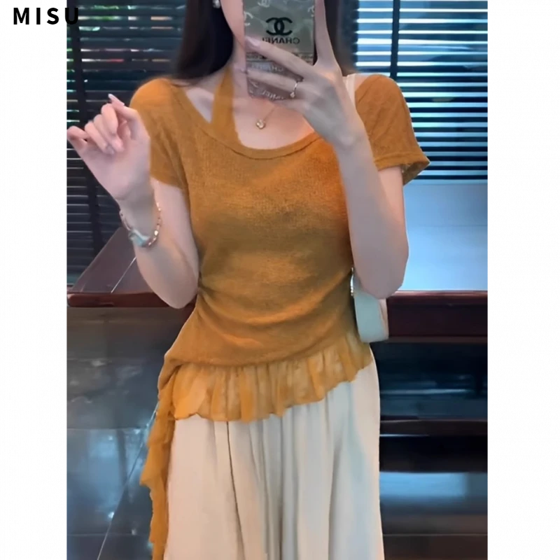 MISU/糜素港风别致橘色荷叶边挂脖上衣女夏季新款短袖T恤设计感