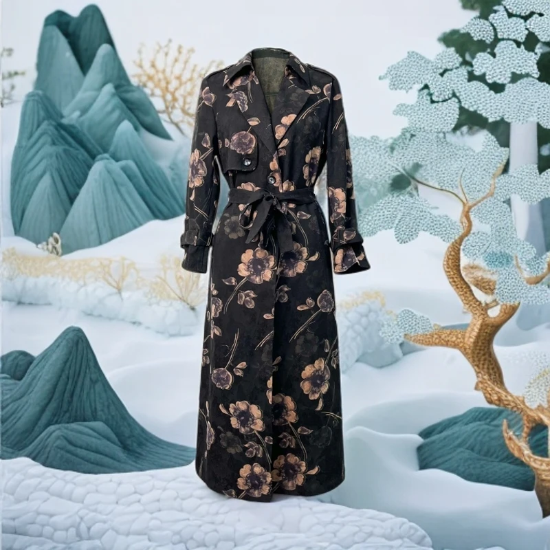 Li  2025 新款厚绢长款设计师复古英伦风大翻领收腰风衣1003-1