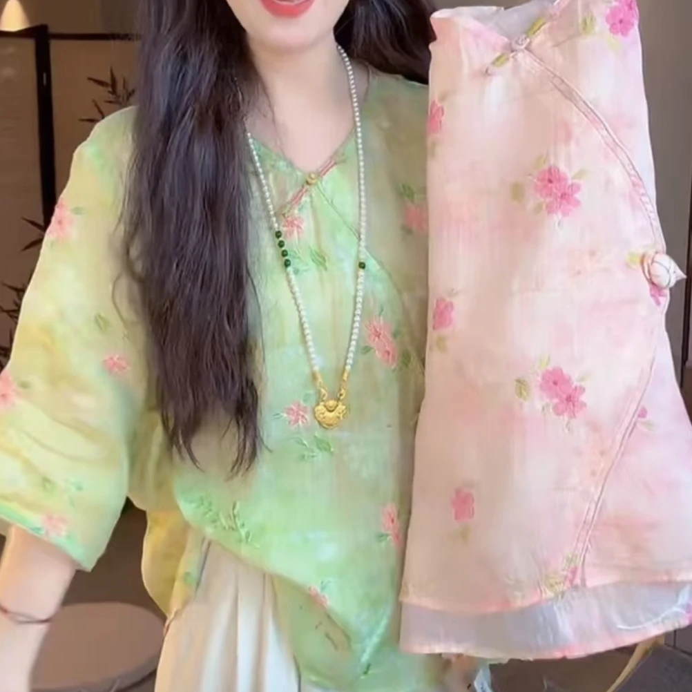 夏季新款复古中国风文艺百搭麻感女士衬衫粉色绿色6868