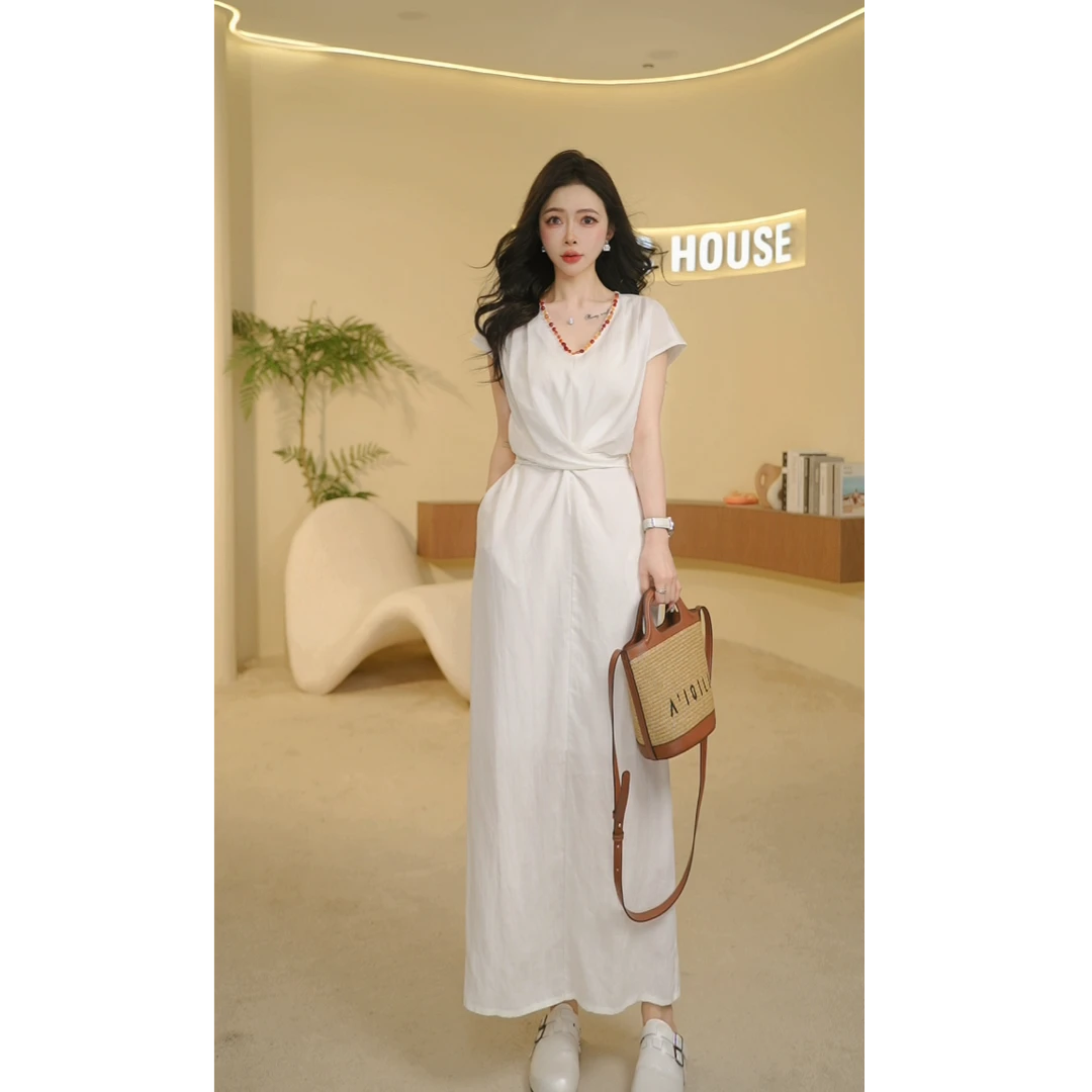 Basic House/百家好25高定设计感气质减龄显瘦交叉绑带连衣裙女