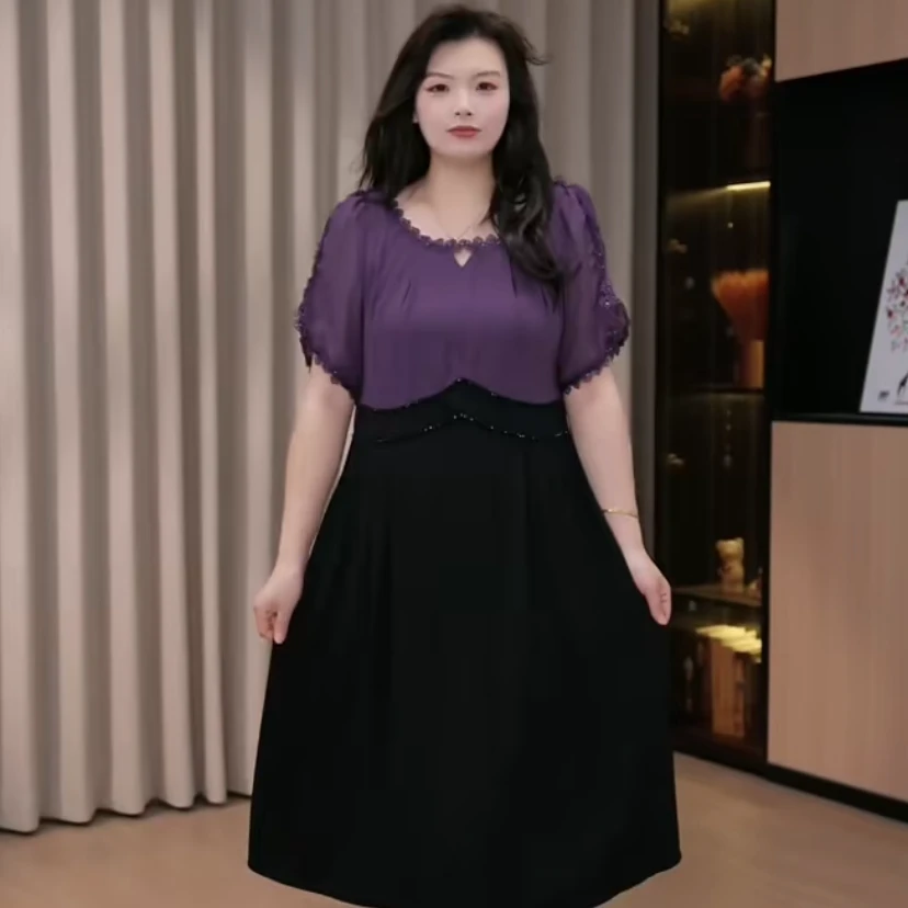 胖依依女装微胖显瘦拼色减龄气质时尚设计感连衣裙ZB7472