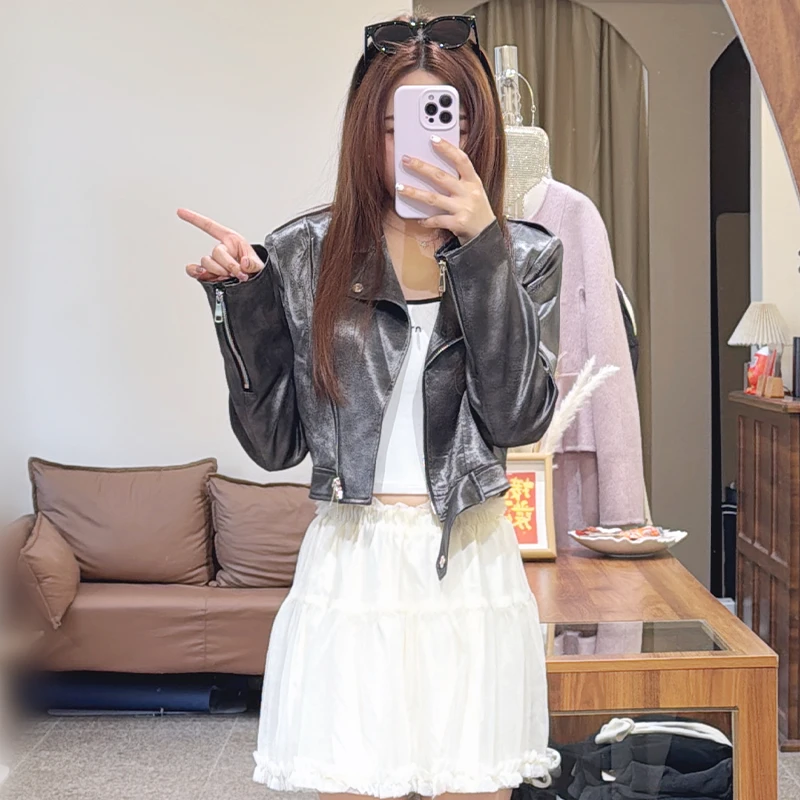 2025春季时尚新款复古机车皮衣外套甜辣机车夹克外套女设计感裙子