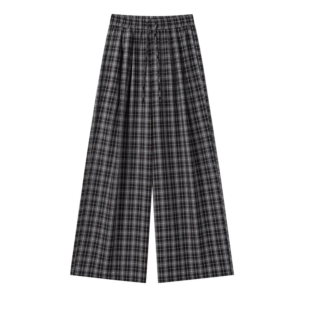 羊城故事-复古黑色格子阔腿休闲裤女2025新款高腰直筒裤Y50752265