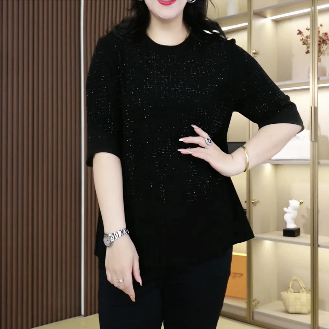 丹思慕夏季新款显瘦时尚烫钻百搭显瘦宽松圆领五分袖上衣250968