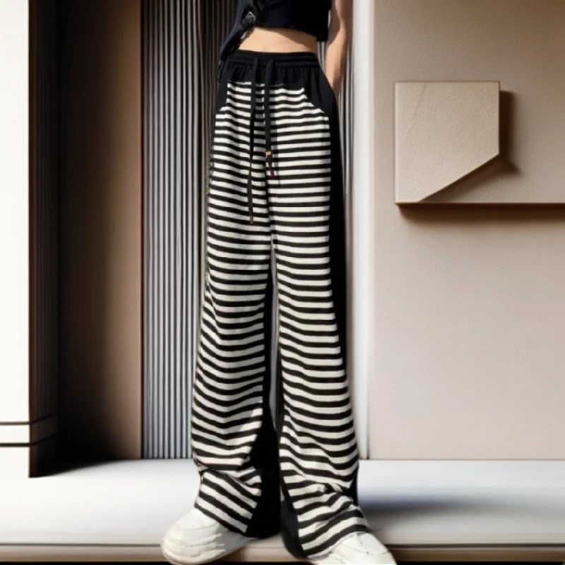 【雅岚女装】时尚洋气显瘦夏季新款撞色条纹裤子直筒拖地裤女高腰