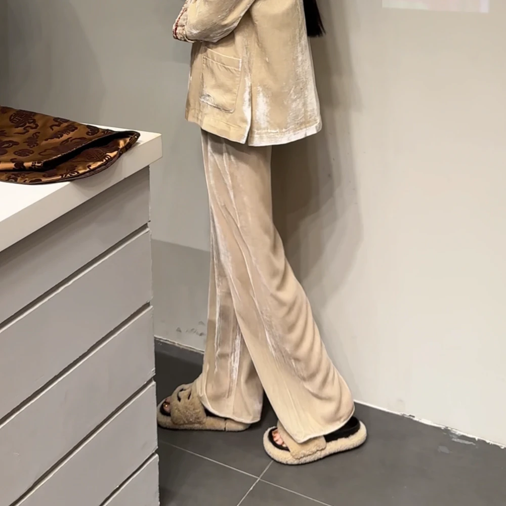 现货【梨花落裤子】真丝丝绒休闲百搭宽松显瘦直筒裤