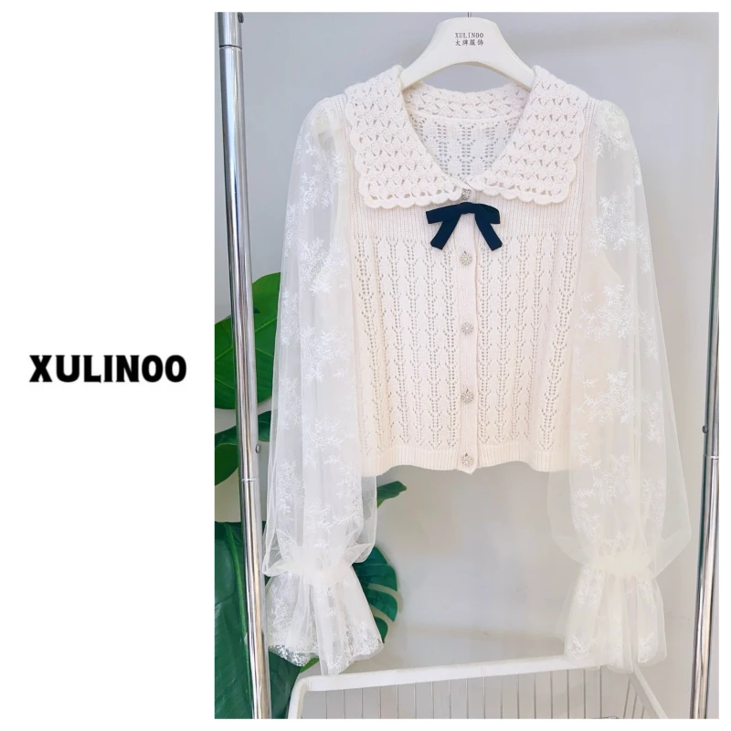 丨春秋气质法式设计感网纱袖拼接针织开衫 1387