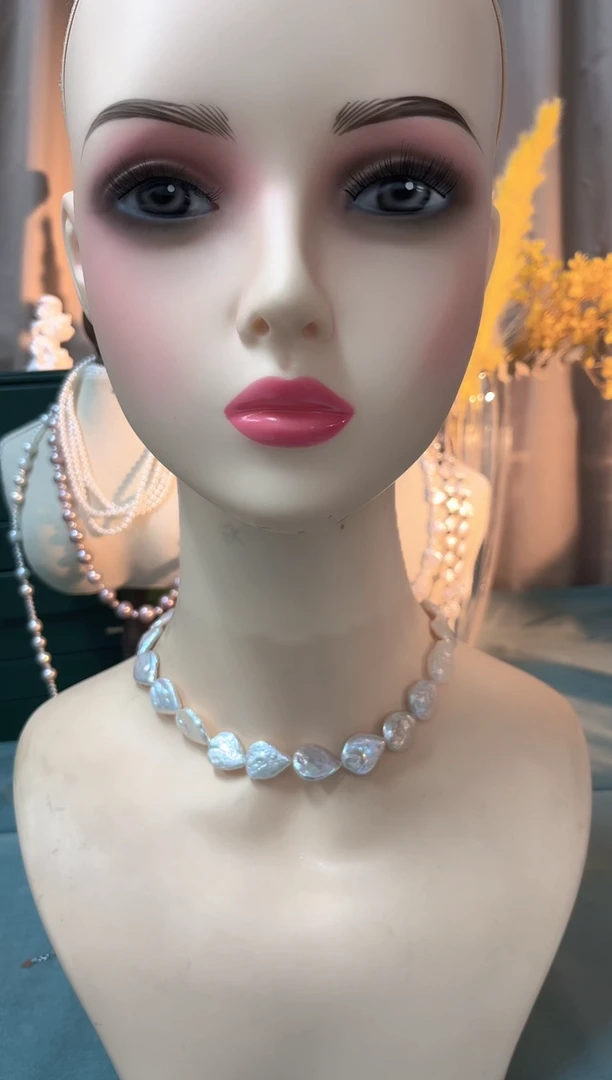 颈饰银S925镶嵌淡水珍珠瓜子珍珠项链（有微瑕介意者慎入）