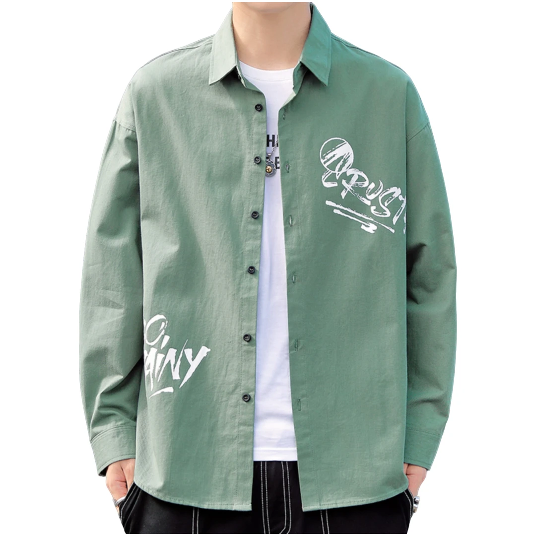 奥美普西比长袖衬衫男字母印花纯棉青年衬衣秋季休闲百搭舒适外套