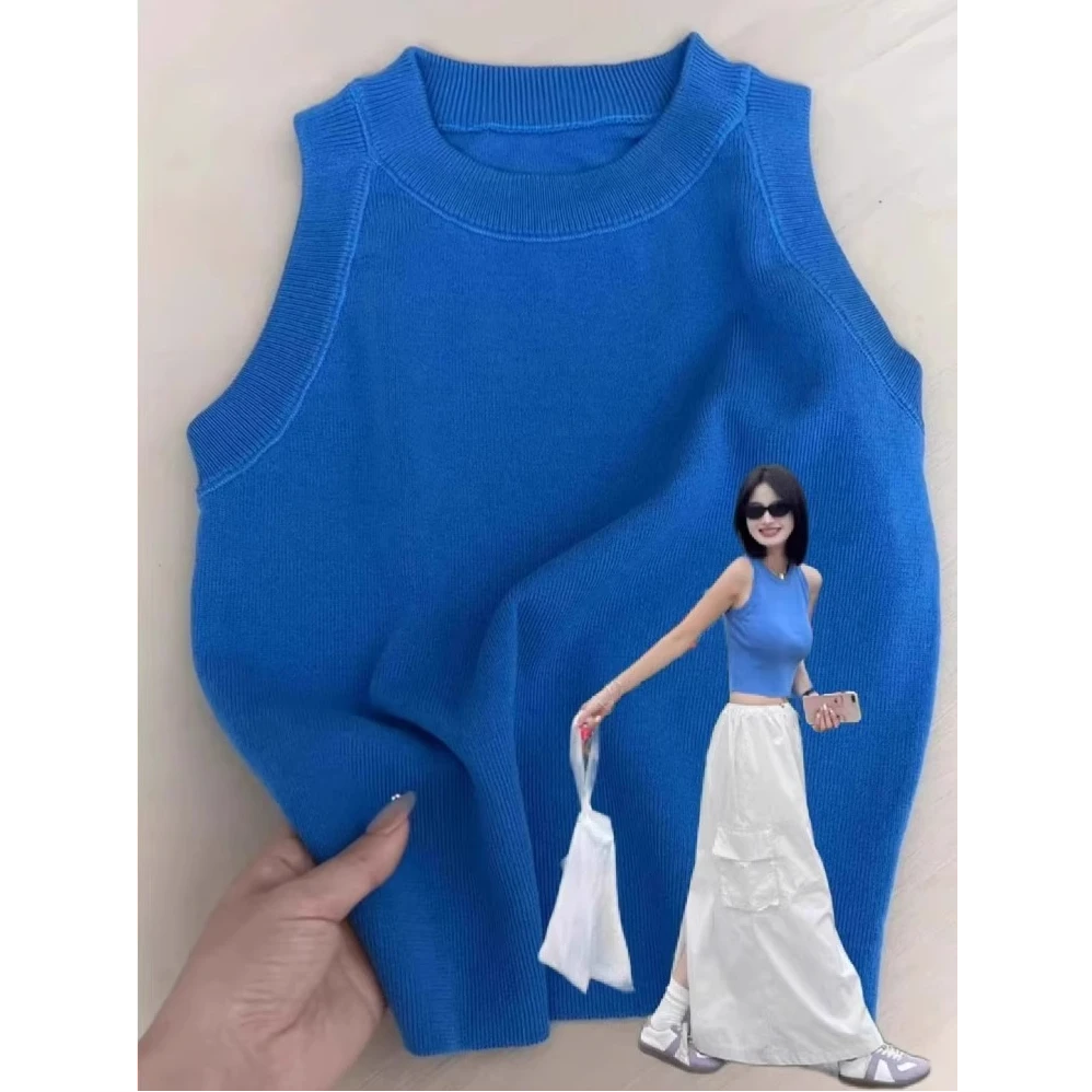 克莱因蓝色挂脖针织吊带背心女夏外穿时尚小个子短款挖肩工字背心