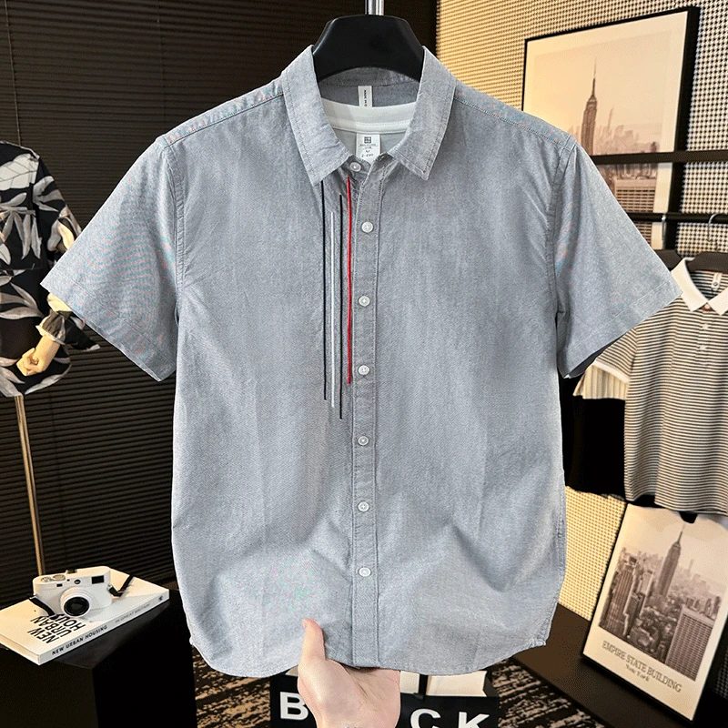 刺绣短袖衬衣新款夏季轻奢休闲简约衬衫男士帅气潮流百搭纯棉短袖