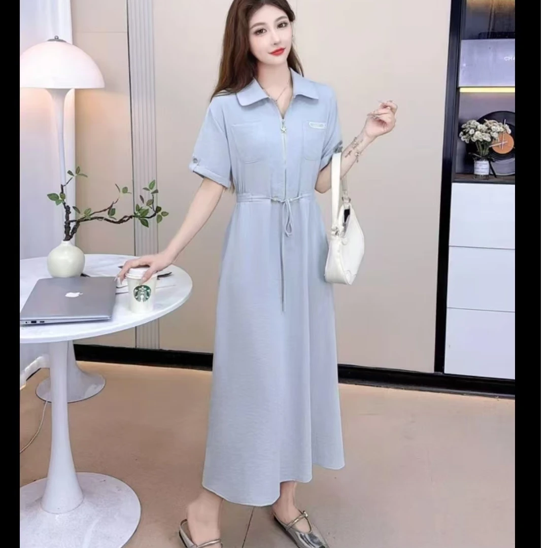 2512（裙长118）POLO领亚麻法式设计感气质收腰连衣裙