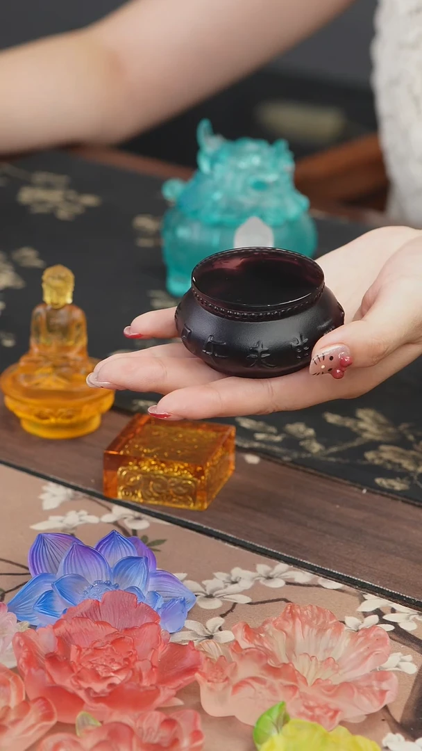 手工艺品琉璃古法琉璃紫色十二时辰鼓形盖置