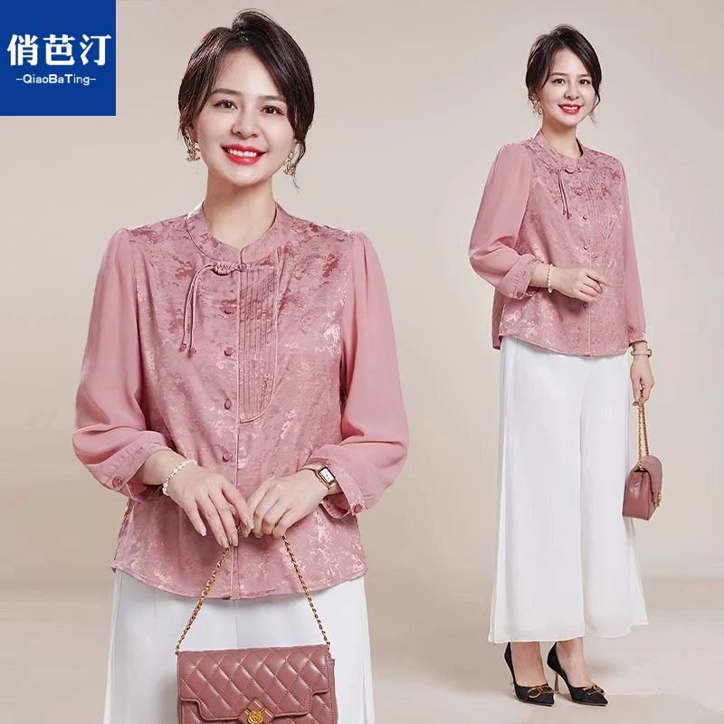 气质年轻妈妈装新款小衫中老年春夏季上衣套装中式百搭薄款衬衫女