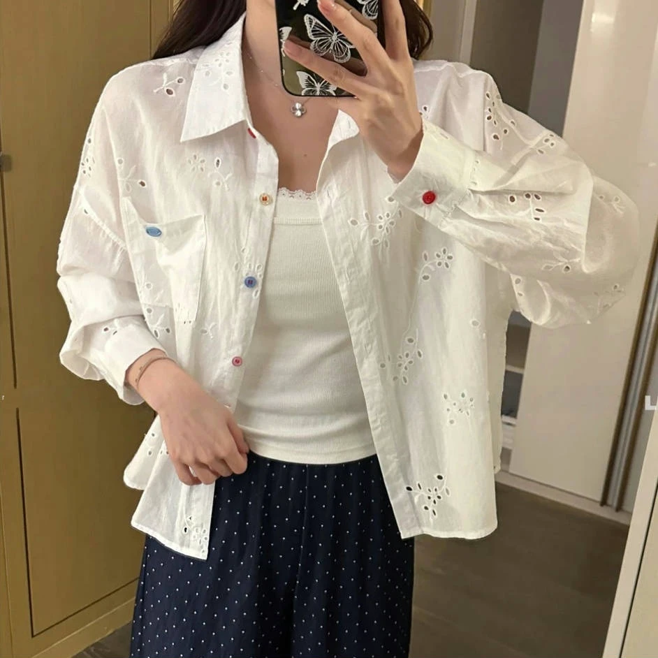 设计感白色蕾丝刺绣长袖衬衫女2025春季新款时尚休闲气质白色衬衣