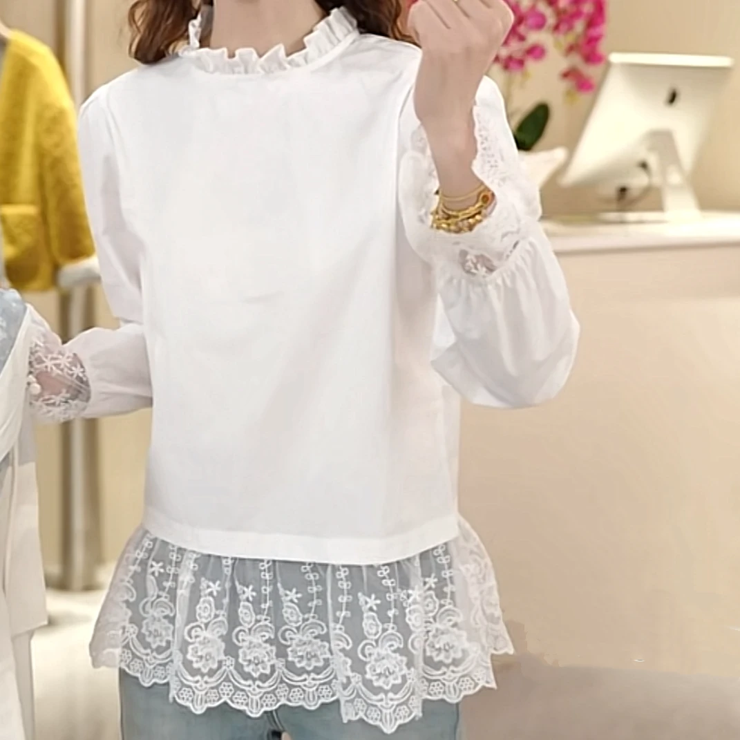 荷叶边拼接蕾丝上衣女2025新款春季泡泡袖简约基础款衬衣衬衫