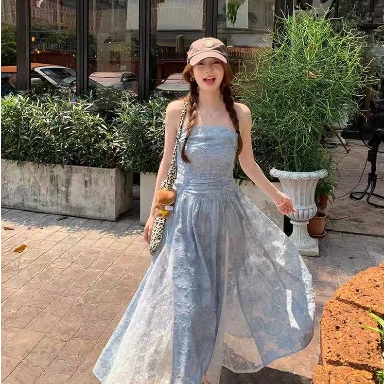 法式蕾丝拼接吊带收腰显瘦连衣裙女士春季甜美气质A字长裙