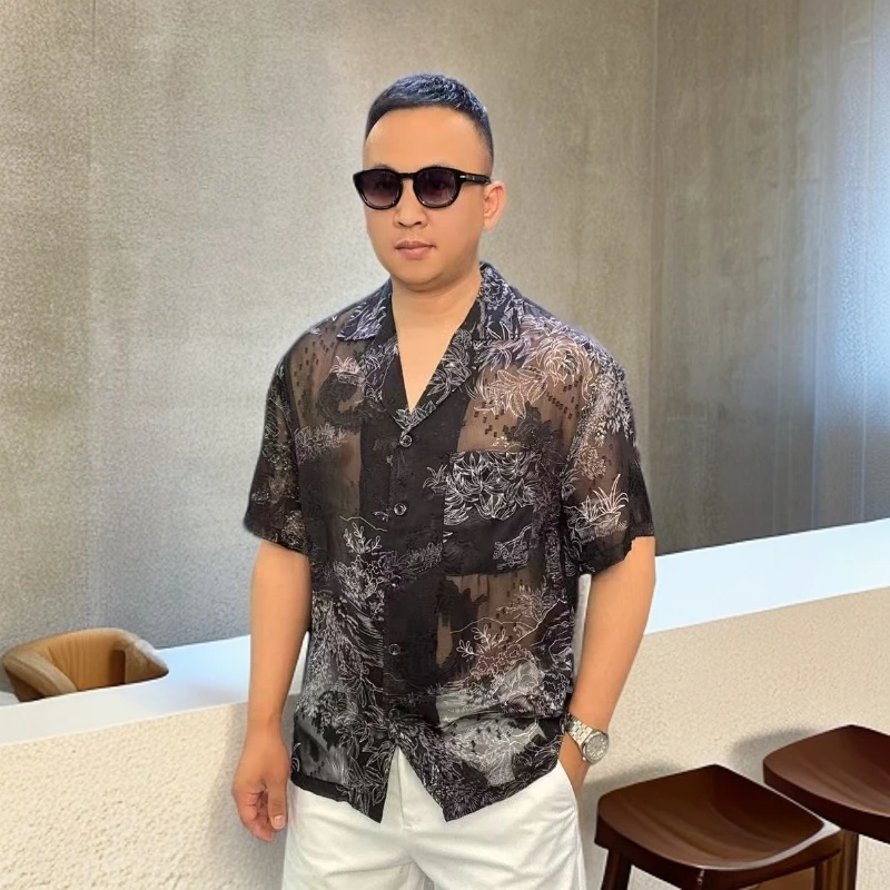 张先生欧货•6789夏季男士古巴领时尚休闲黑色印花微宽松短袖衬衫