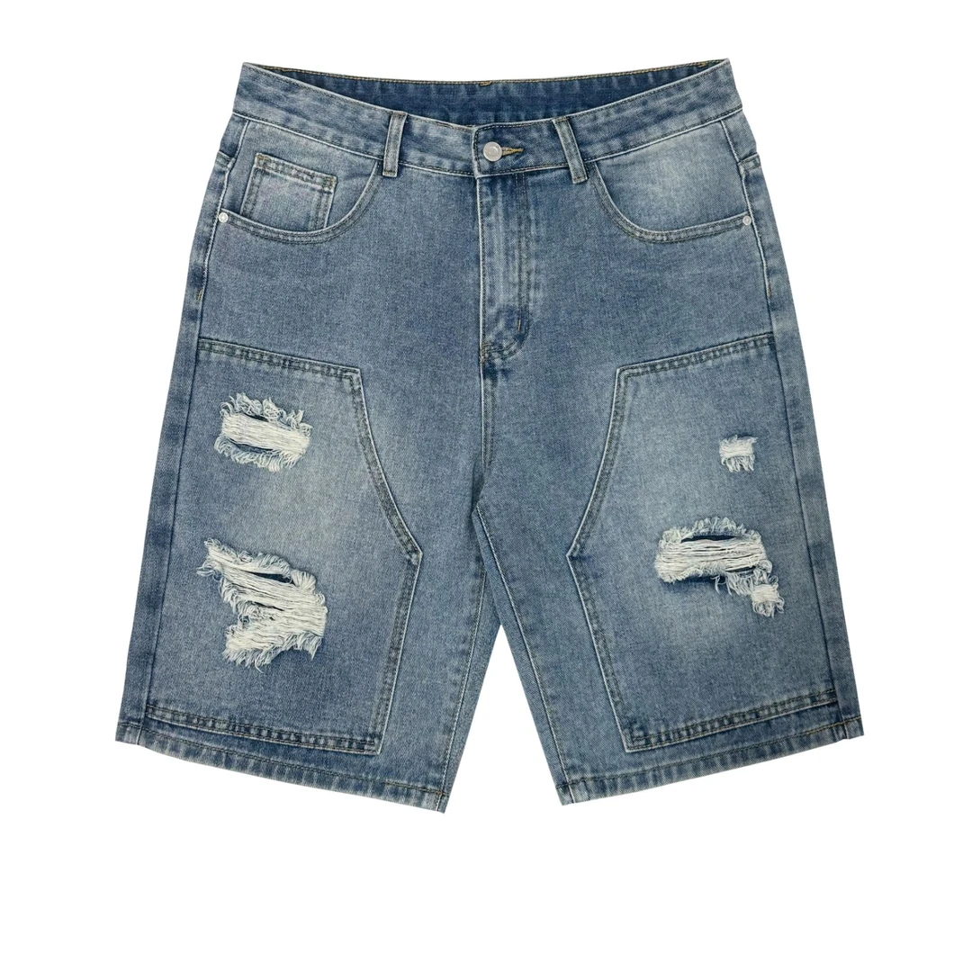 QUALCOMM美式休闲复古乞丐破洞牛仔短裤男夏季宽松潮流痞帅五分裤